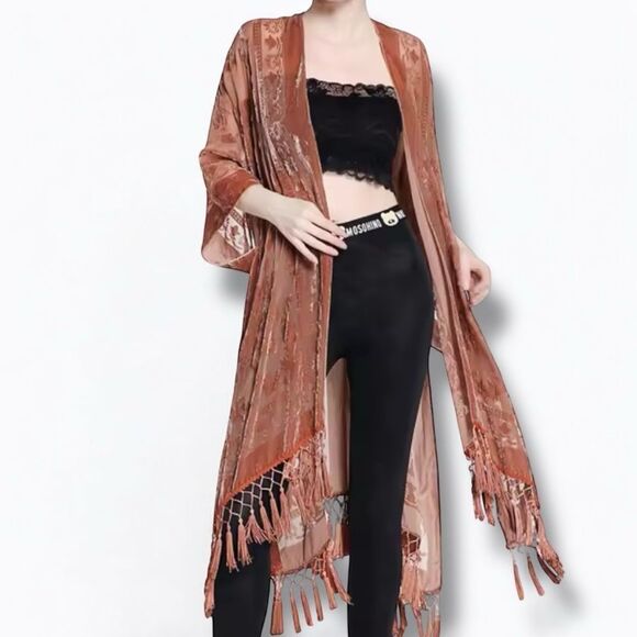Other - Tan Sand Velvet Kimono Jacket Long Fringe | Boho Western Duster OS NWT